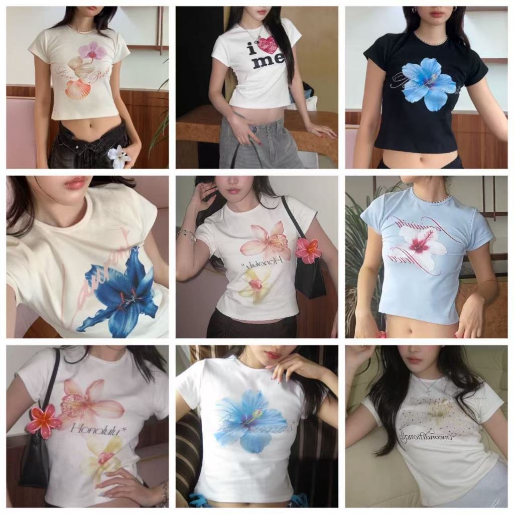 COD✅ (ส่งจากกรุงเทพ)BOOM Shop เสื้อขาดท้อง, เสื้อขาดเอวสีขาว, เสื้อบล้าช์ผู้หญิงรัดตัว, เสื้อเชิร์ตที่มีลายดอกไม้สวยงาม