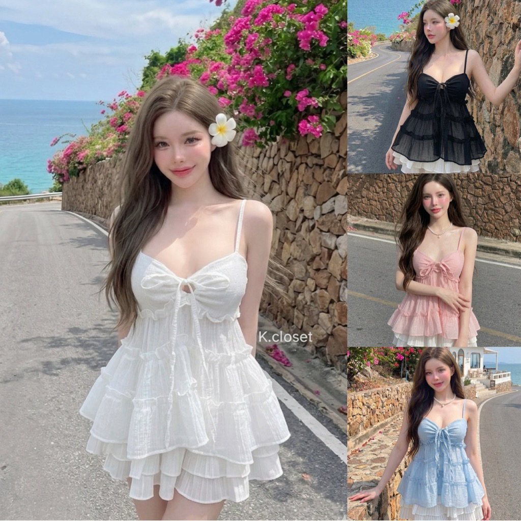 (อก32-40)เสื้อสายเดี่ยวตัวยาวผูกอก มีฟองน้ำ detail น่ารักโทนพาสเทลสวยหวานสาวอวบใส่ได้อกถึง 40 นิ้ว เสื้อผ้าผู้หญิง