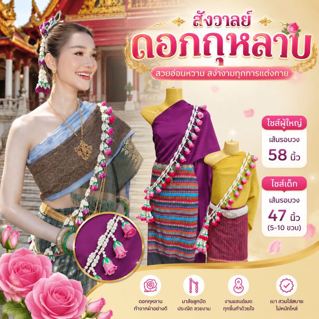 🎉Pre order🎉สังวาลย์ สังวาลย์ดอกกุหลาบ สังวาลย์ดอกไม้ เครื่องประดับชุดไทย สังวาลย์ชุดไทย เด็ก/ผู้ใหญ่