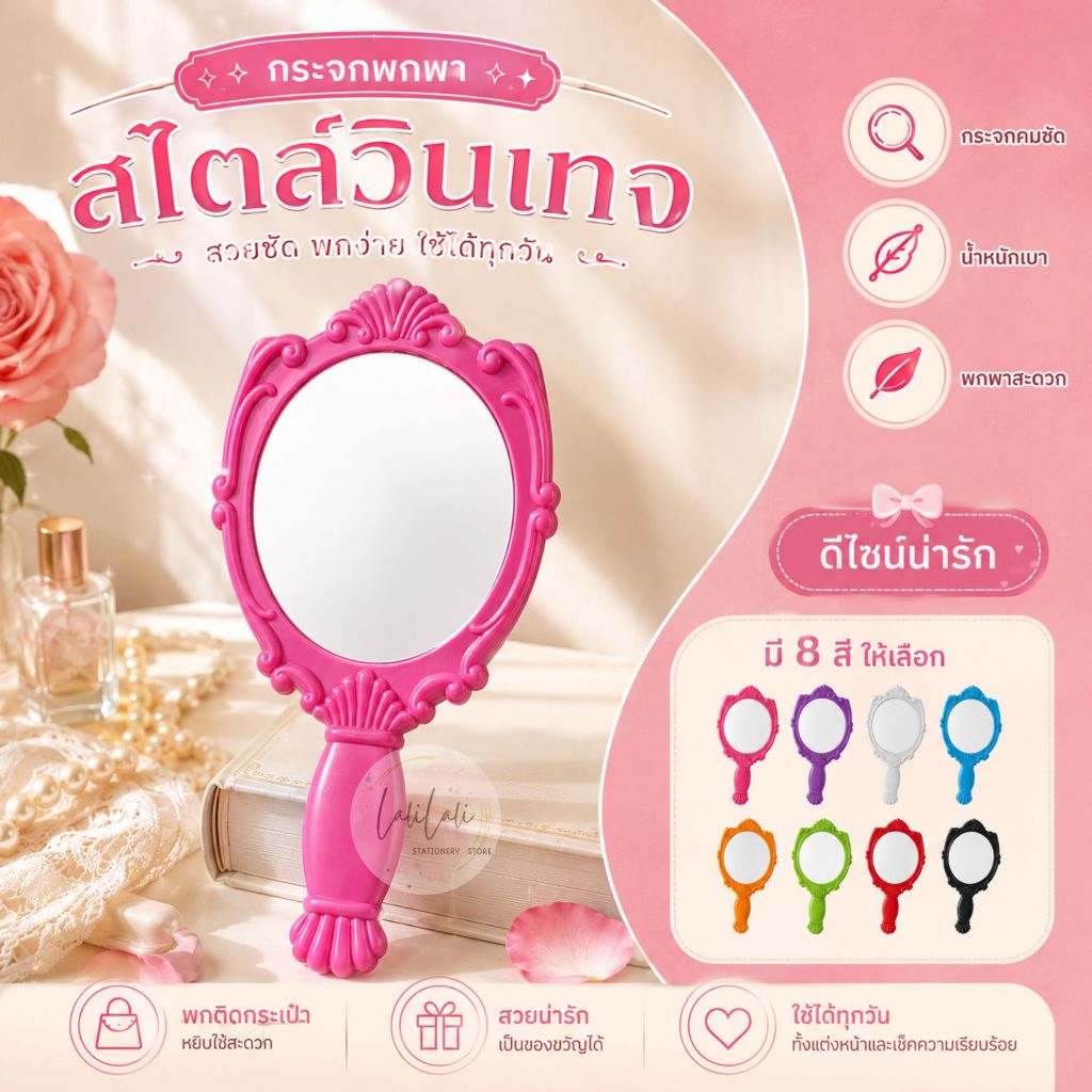 กระจกกุหลาบมีด้ามจับ พกง่าย