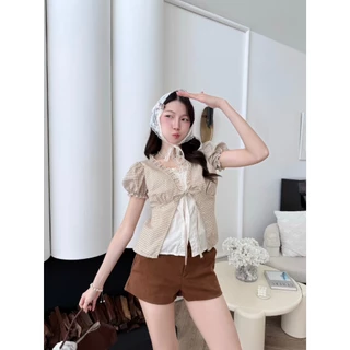 เสื้อแขนตุ๊กตาผูกหน้า แต่งสองชั้น -ttm / VB0689