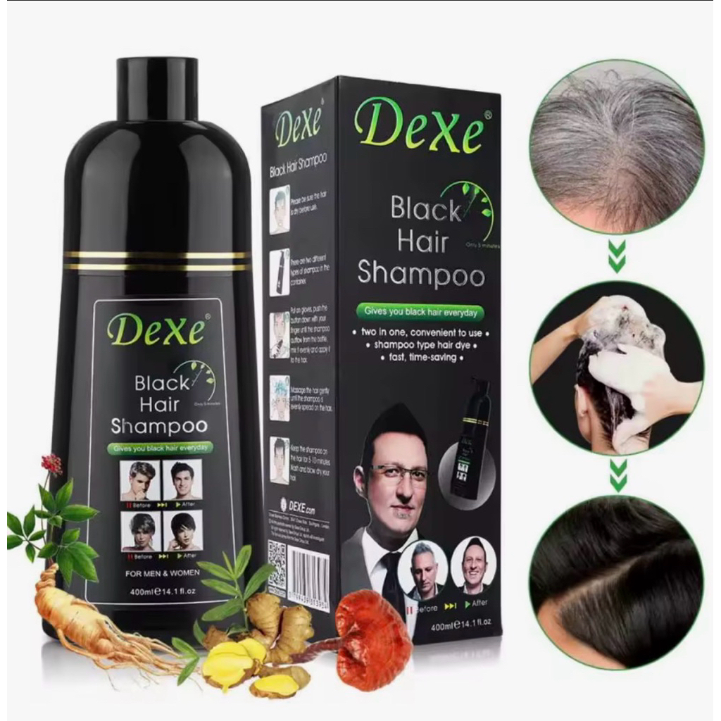DEXE shampoo  DEXE Black Hair Shampoo 400ML Instant Hair Blackening Hair Dye Syampoo Pewarna Rambut 