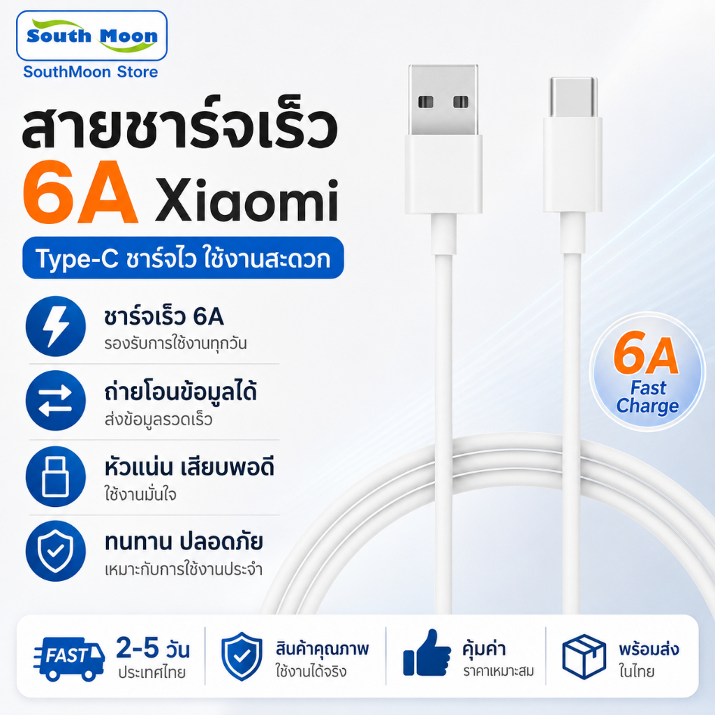 Xiaomi สายชาร์จเร็ว Type-C 6A Fast Charging Data Cable ชาร์จไว ปลอดภัย ถ่ายโอนข้อมูล สายชาร์จมือถือ USB-C สำหรับ Android