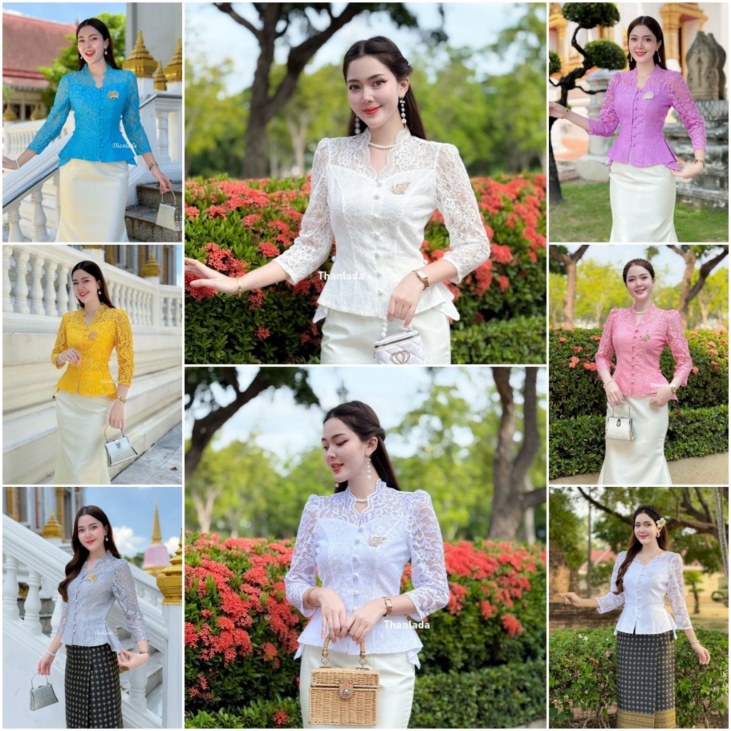 เสื้อลูกไม้รุ่น-มรกต แขนยาว 5ส่วน  คอวี ตกแต่งกระดุมแกะได้ ใส่เข้ารูปทรงสวย