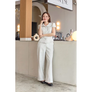 ร210 Grace Tweed ผ้าทวิตนุ่มสวยมาก เทาสีเดิม/ครีม สีใหม่ Set 2pcs. เสื้อคอบัวปกแต่งขอบลูกไม้ แขนสั้น