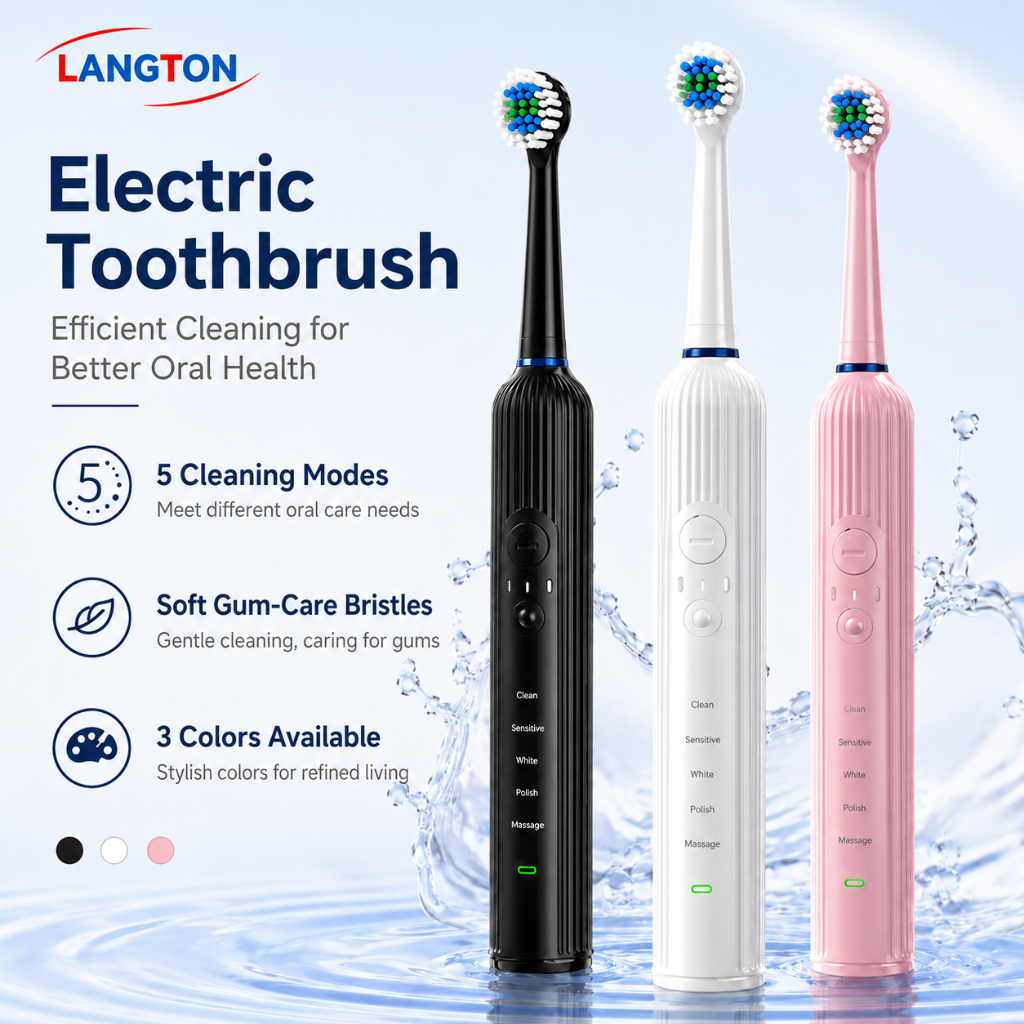 Langton แปรงสีฟันไฟฟ้า Sonic 40000 ครั้ง/นาที กันน้ำ IPX7 แบตอึด ชาร์จ USB 3 สี