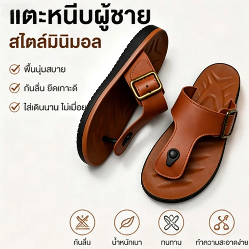 รองเท้าแตะผู้ชาย คีบนิ้วหนังนิ่ม พื้นนุ่ม กันลื่น ใส่เดินสบาย ดีไซน์มินิมอล