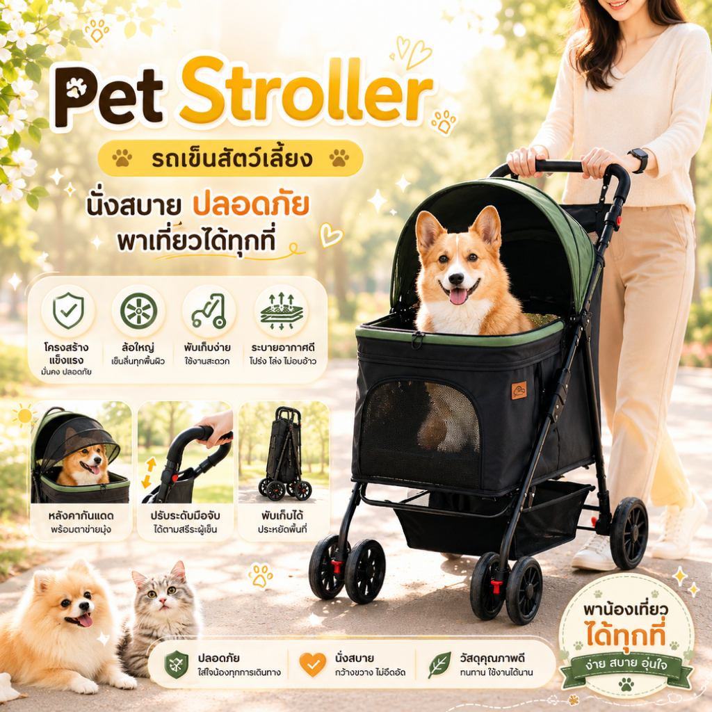 รถเข็นสัตว์เลี้ยง รุ่นโครงสร้างหนาพิเศษ ล้อหมุน 360° มีโช้คลดแรงกระแทก แบรนด์Bratvee
