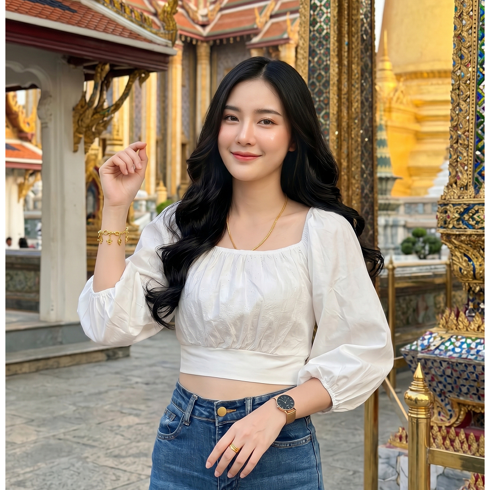 เสื้อครอปผูกโบว์ Lace Bloseสีขาว ฉลุลาย สำหรับผู้หญิง แขนยาว