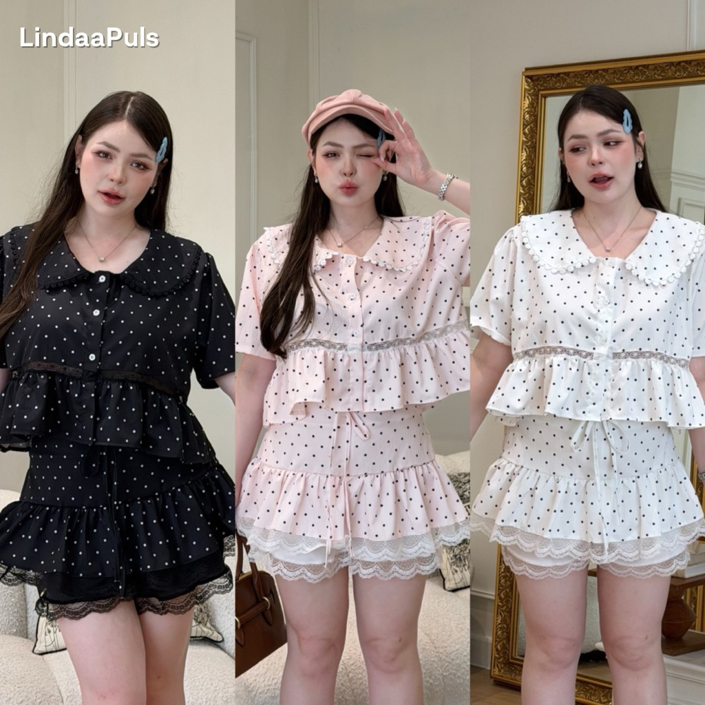 LindaaPlus--𝐏𝐨𝐥𝐤𝐚 𝐝𝐨𝐭 𝐬𝐞𝐭 🍃 ชุดเซ็ต 2 ชิ้นสาวอวบอ้วน เสื้อคอบัว+กระโปรงแต่งลูกไม้ลายจุด กระโปรงมีซับ ชุดเดียวเอาอยู่