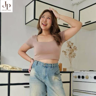 ส่งทันที!🛵 เสื้อครอปคอเหลี่ยมแขนสั้น เสื้อพลัสไซส์ ผ้าเรย่อน ผ้ายืดนุ่ม อก 36-50 นิ้ว plussize #487