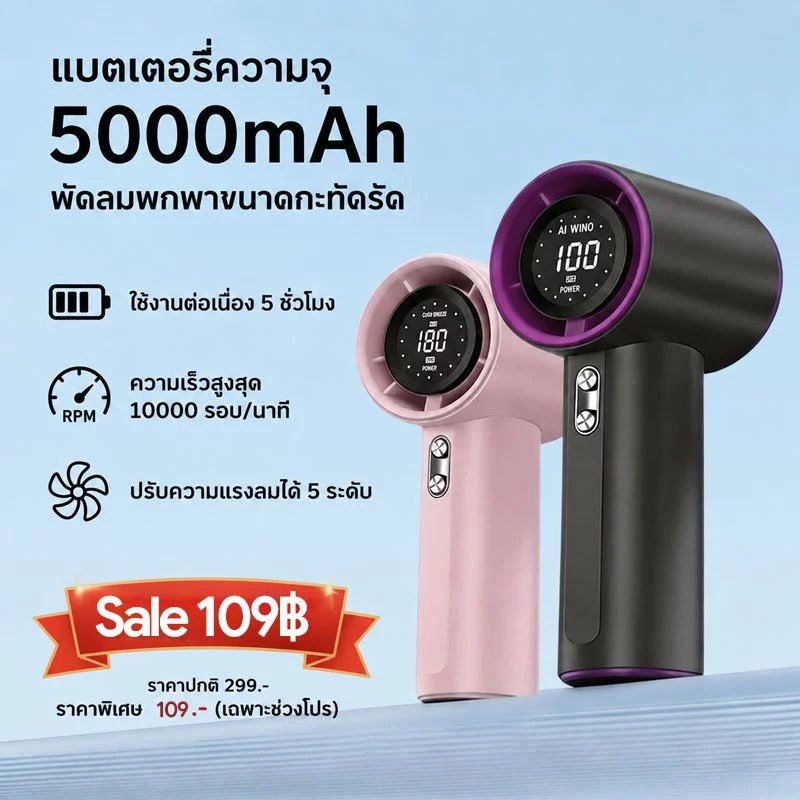 พัดลมมือถือพกพาสะดวก แบตเตอรี่ 4000 mAh พัดลมไอเย็น พัดลมเทอร์โบ พร้อมจอแสดงผล LED พอร์ตชาร์จ Type-C ระบบลดเสียงรบกวน