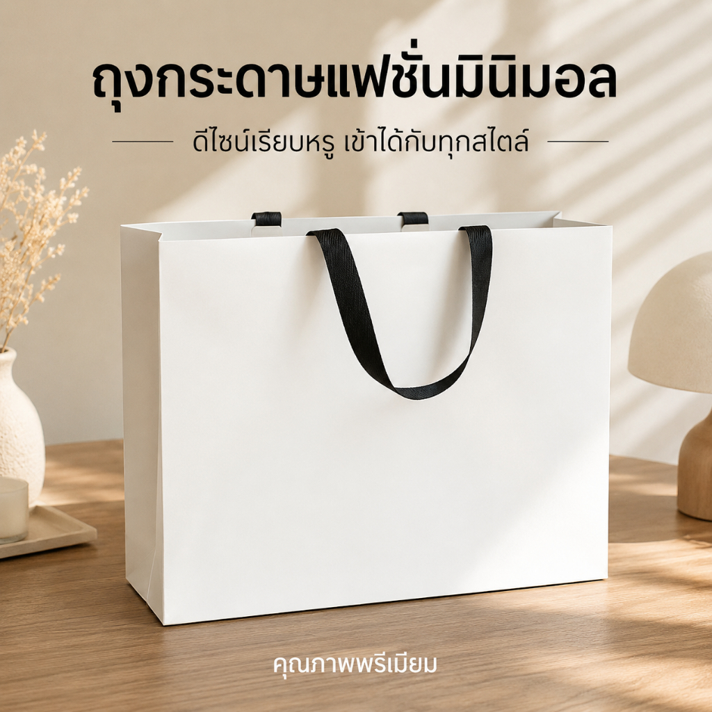 ถุงกระดาษถือของขวัญพรีเมียมเคลือบด้าน มีหลายขนาดและสี หูจับริบบิ้นสีดำ รับน้ำหนักได้ 3 กก