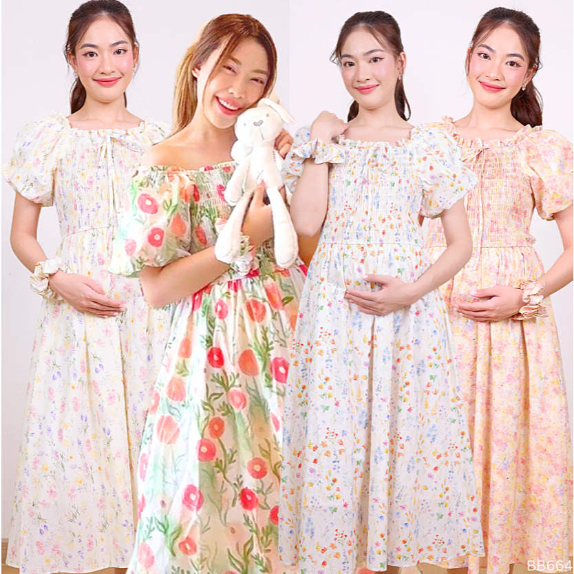 [BB 665] ชุดคลุมท้อง | BABYLADY ♡ - เดรสคอตตอนลายดอก สม็อกอก แขนตุ๊กตา แถมยางมัดผม