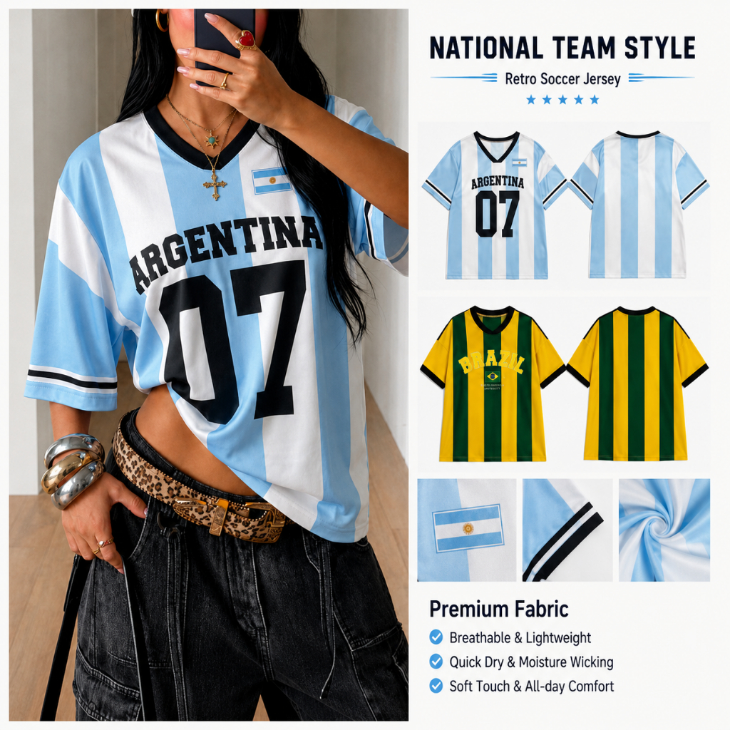 เสื้อฟุตบอลผู้หญิง #07 ลายวินเทจ ทรงหลวมคอวี สีฟ้าและสีขาว เสื้อบอลโอเวอร์ไซส์แฟชั่นฤดูร้อน