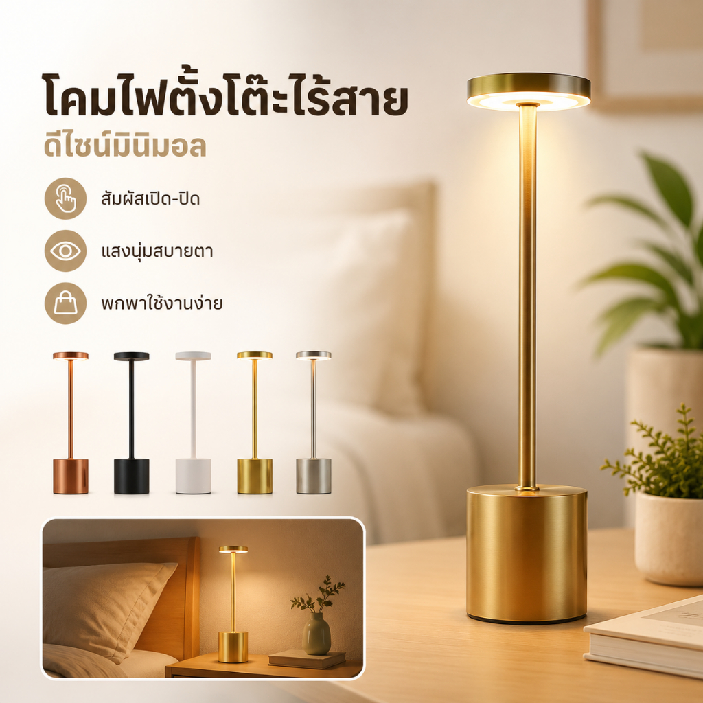 UORRIS โคมไฟตั้งโต๊ะ LED ชาร์จ USB พกพา ปรับแสง 3 สี ไฟอ่านหนังสือ ไฟกลางคืน ห้องนอน คาเฟ่