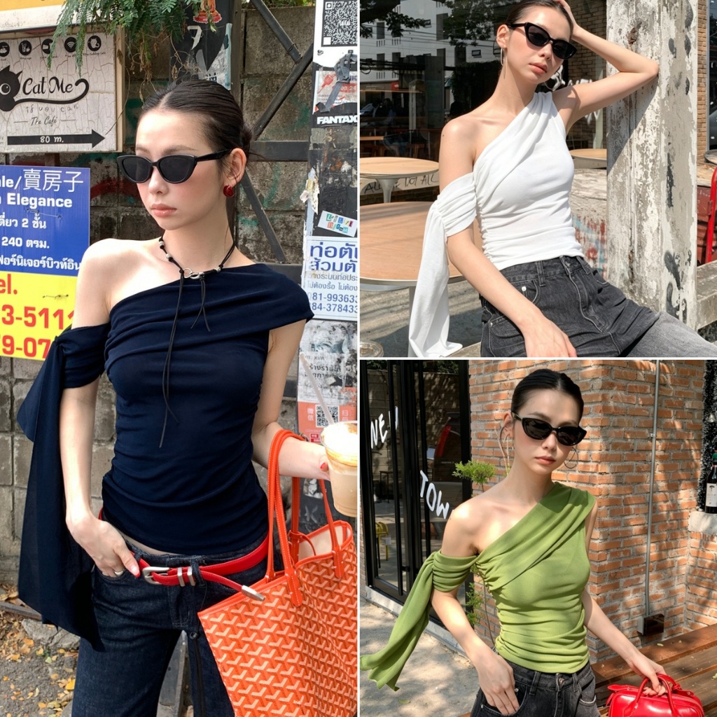 Bella Shop เสื้อเปิดไหล่ผู้หญิงดีไซน์ไม่สมมาตร เสื้อยืดเข้ารูป สีพื้น ดีไซน์แบบริบบิ้น หวานและเซ็กซี่