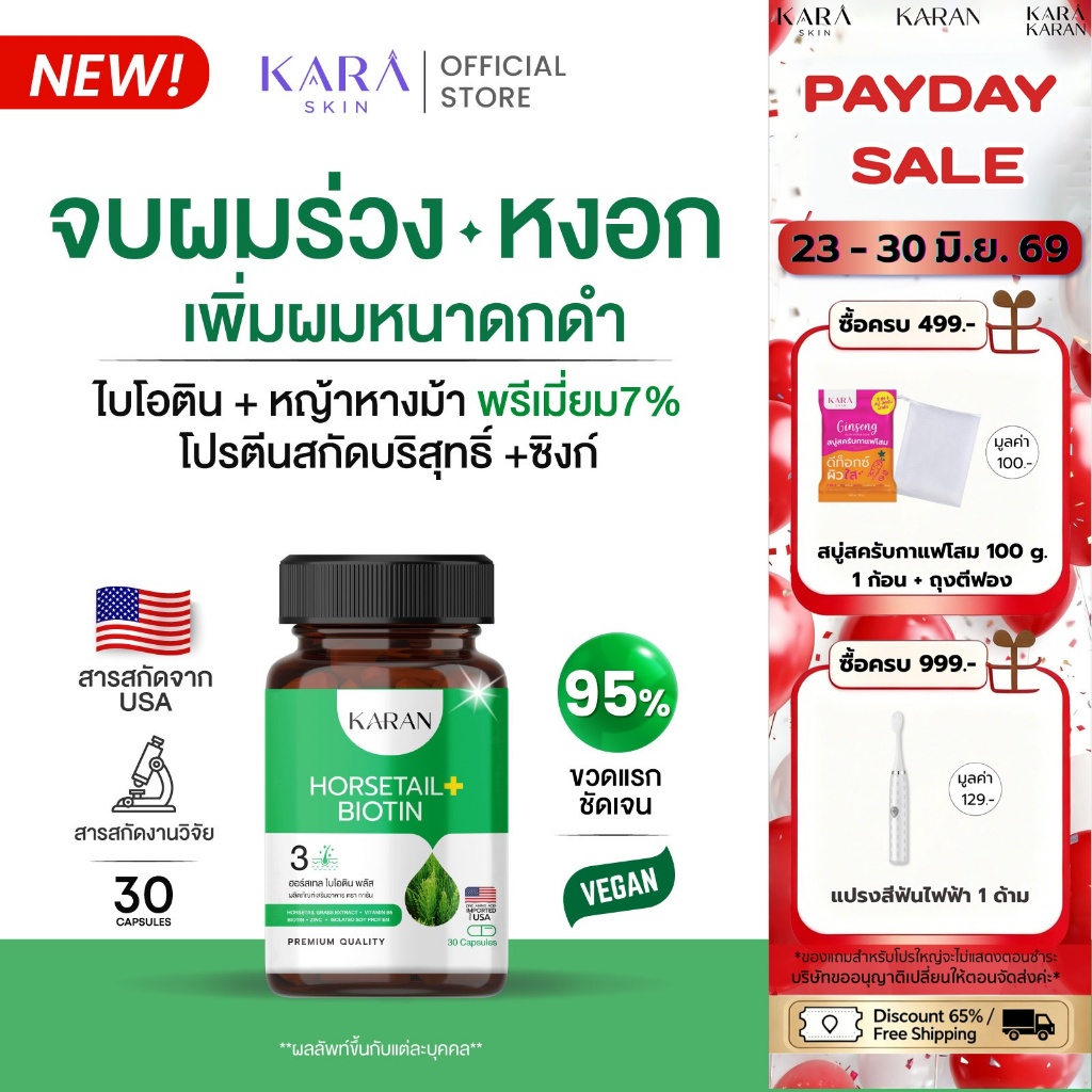 KARANไบโอติน หญ้าหางม้าพรีเมี่ยม โปรตีนบริสุทธิ์ ซิงก์ BIOTIN HORSETAIL ZINC ผมหนา ลาผมร่วง