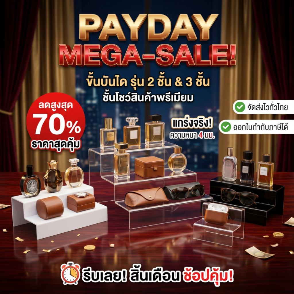 ชั้นอะคริลิควางของ วางสินค้าแบบขั้นบันได 2 ขั้น สินค้าพร้อมส่ง