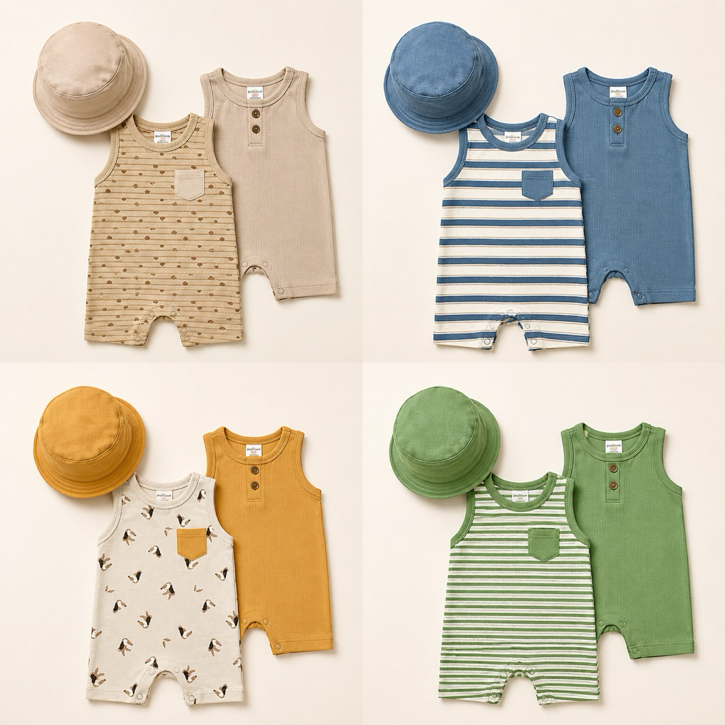 mini threads รอมเปอร์เด็ก เซ็ต 3 ชิ้น (รอมเปอร์2ชุด+หมวก)3m-18m