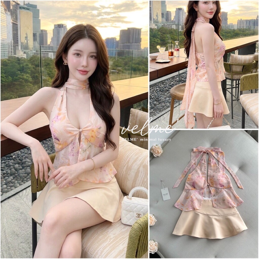 VELME Set เซ็ตเสื้อคล้องคอมอ่อนหวาน+กระโปรงระบาย