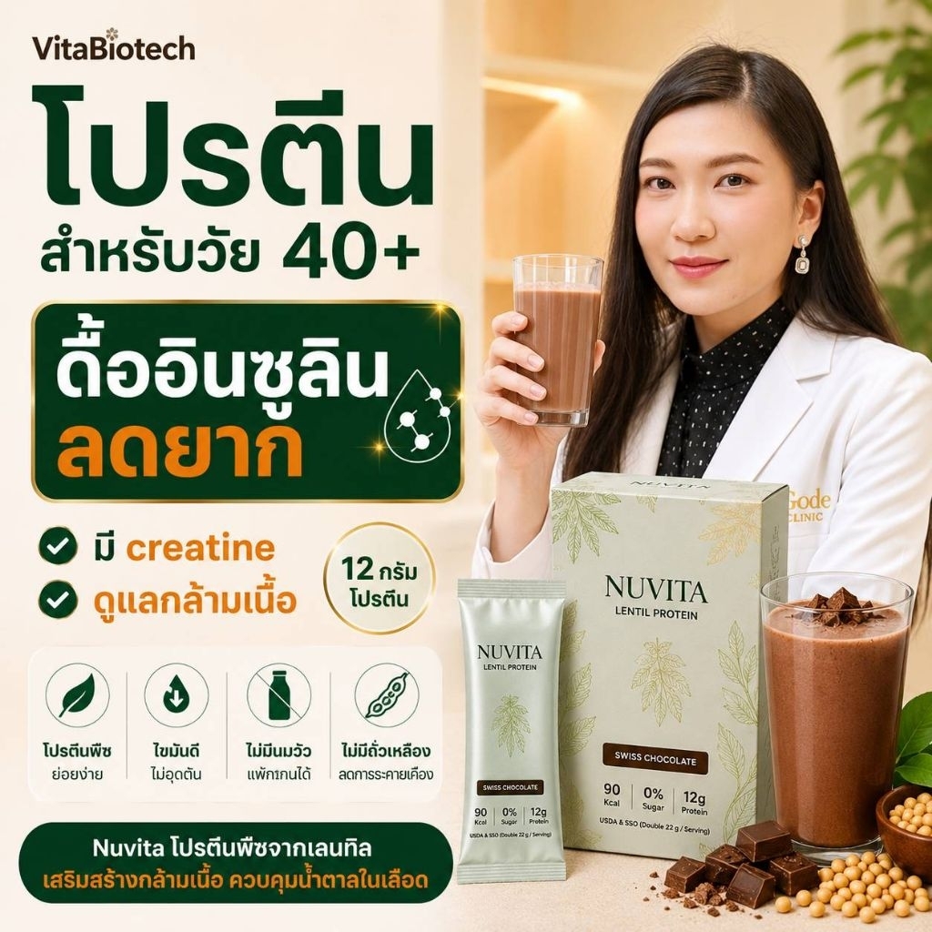 Nuvita 5ซองโปรตีนพืชเลนทิล  รสช็อกโกเเลตสำหรับวัย 40+ ดื้ออินซูลิน โซเดียมต่ำ ไม่มีนม ไม่มีถั่วเหลือง อิ่มนาน