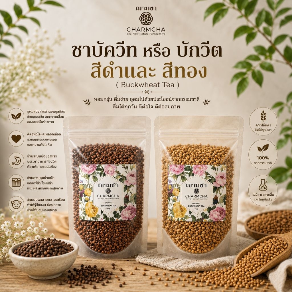 ชาบัควีท หรือ บักวีต (Buckwheat Tea)บัควีททอง ดำ เมล็ดธัญพืชที่นำมาชงดื่มเป็นชาอุดมไปด้วยสารอาหา Charmcha ฌามชา ชาดอกไม้