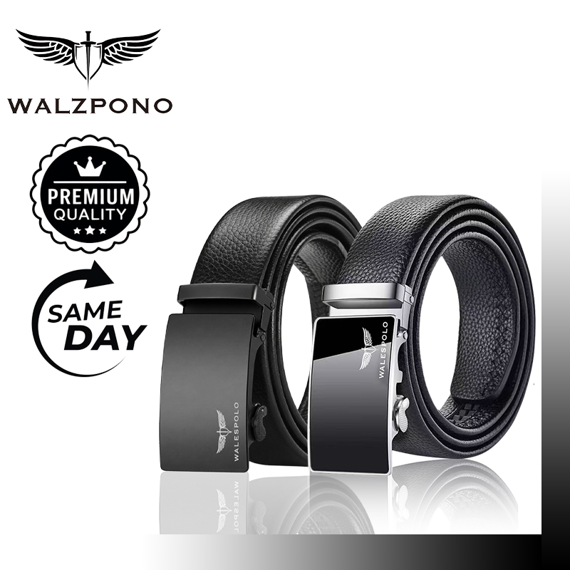 WALESPOLO เข็มขัดผู้ชายหัวล็อกอัตโนมัติ หนัง PU สีดำ ยาว 120 ซม. ตัดปรับได้ เหมาะเป็นของขวัญให้แฟน