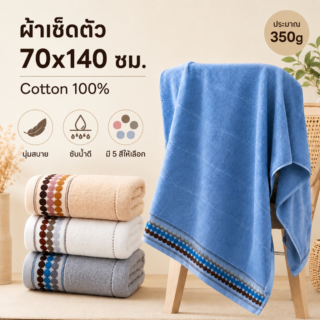 ผ้าเช็ดตัว 70x140 ซม. ผ้าขนหนูอาบน้ำ Cotton 100% หนา 500g นุ่มสบาย ซับน้ำดี ใช้ได้ทุกวัน
