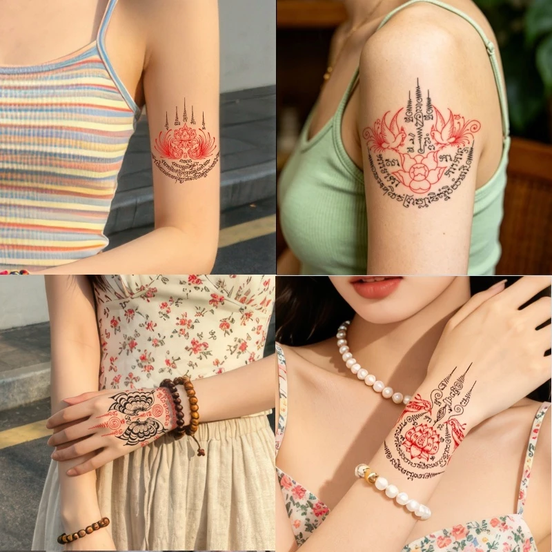 Magic Tattooสติกเกอร์รอยสักชั่วคราวสไตล์พุทธศาสนาไทย: กันน้ำ ติดทนนานถึง 15 วัน ลายหนุมานสีแดง