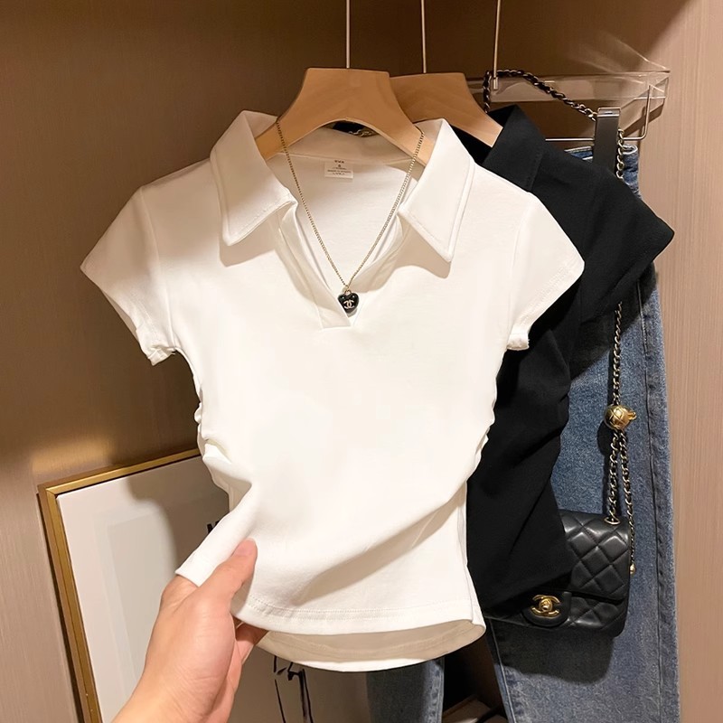 3 คอโปโลบวกไหล่สั้นเสื้อยืดผู้หญิงฤดูร้อนใหม่ปิดเอวบางเฉียบแสดงบางร้อยสบาย ๆ ร้อนๆ ท็อปส์ซู ins เทรนด์