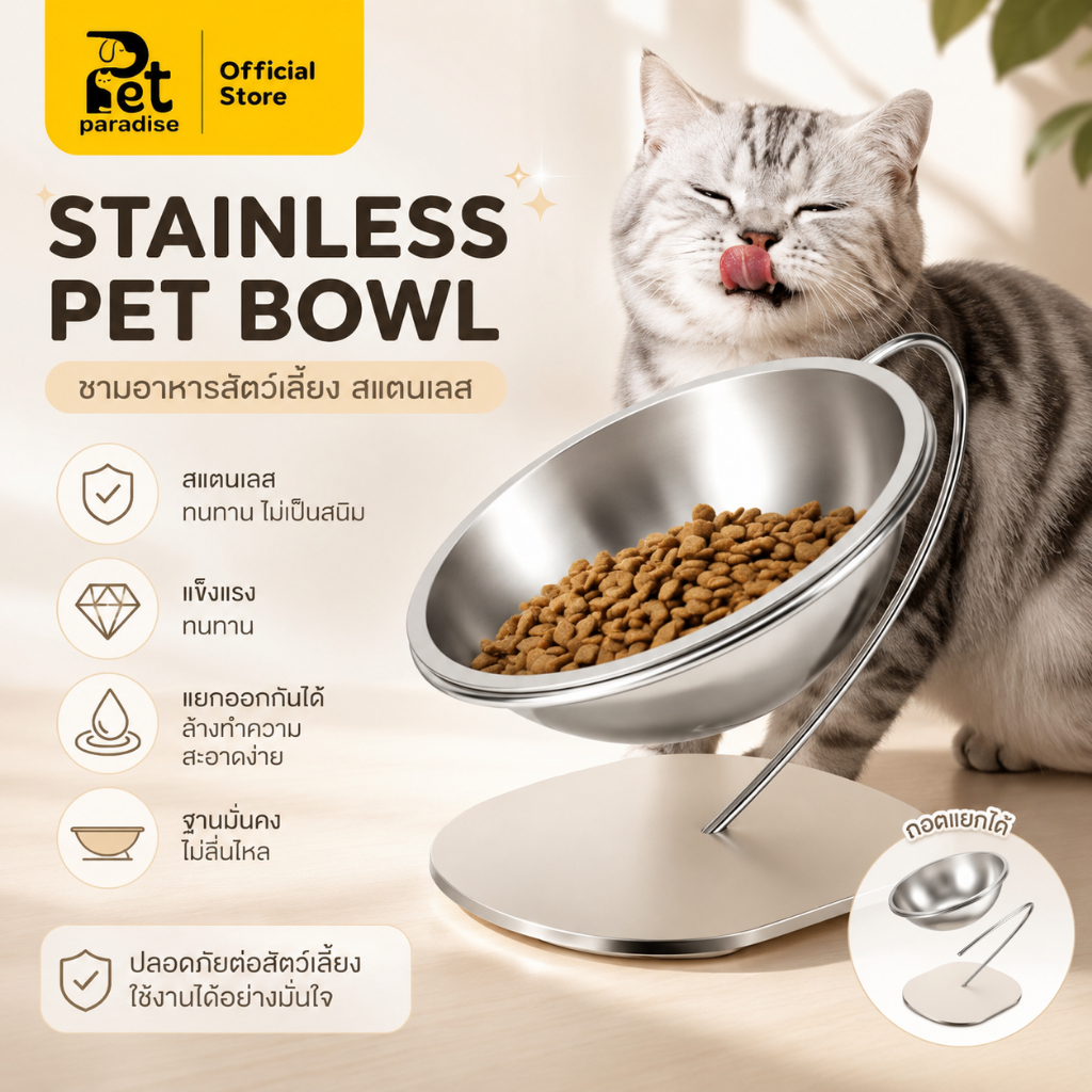 🐱[PetParadise.th]🐶 ชามอาหารสัตว์เลี้ยง ชาวข้าวแมว สแตนเลสแท้ ชามยกสูง ฐานมั่นคง ชามเอียง 15 องศา ดีต่อสุขภาพสัตว์เลี้ยง