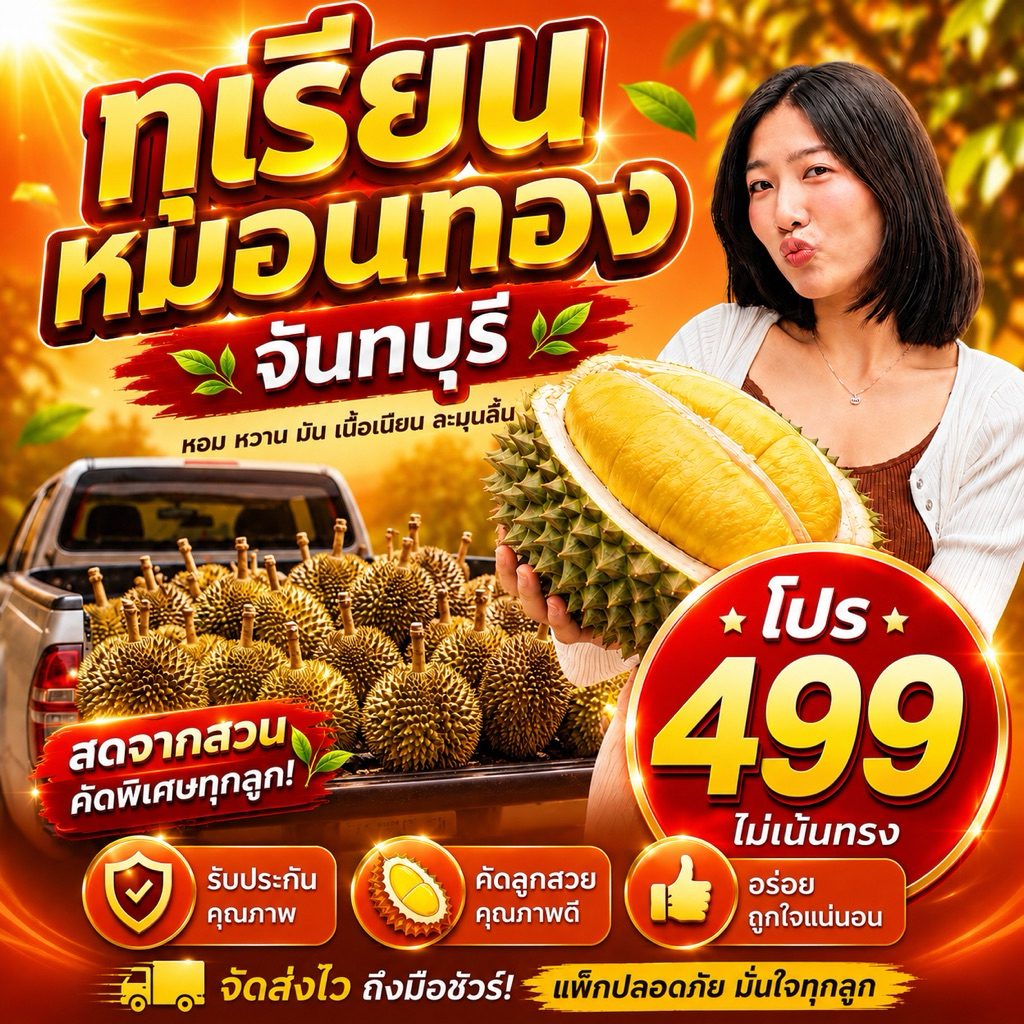 🔥‼️ส่งฟรี‼️👍🏻ทุเรียนหมอนทอง1กล่องโปร499.-✅2-2.5kg.(1-2ลูก)ตัดแก่สดจากสวนจันทบุรี