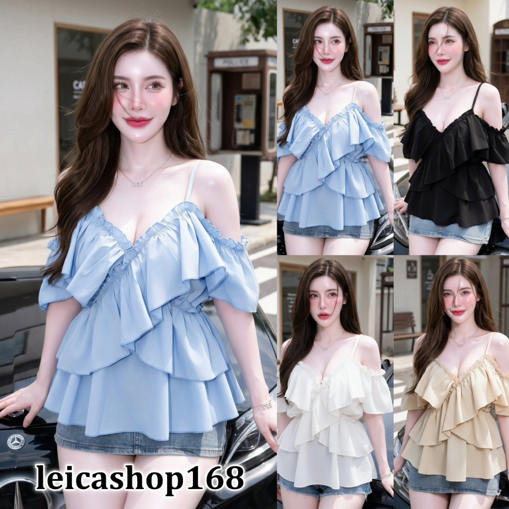 สินค้าพร้อมส่ง เสื้อแฟชั่น ผ้าไหมอิตาลี ปาดไหล่ สายเดี่ยว ปรับระดับได้ แต่งระบาย สม็อคหลัง ใส่สบาย ใส่แมท LG337