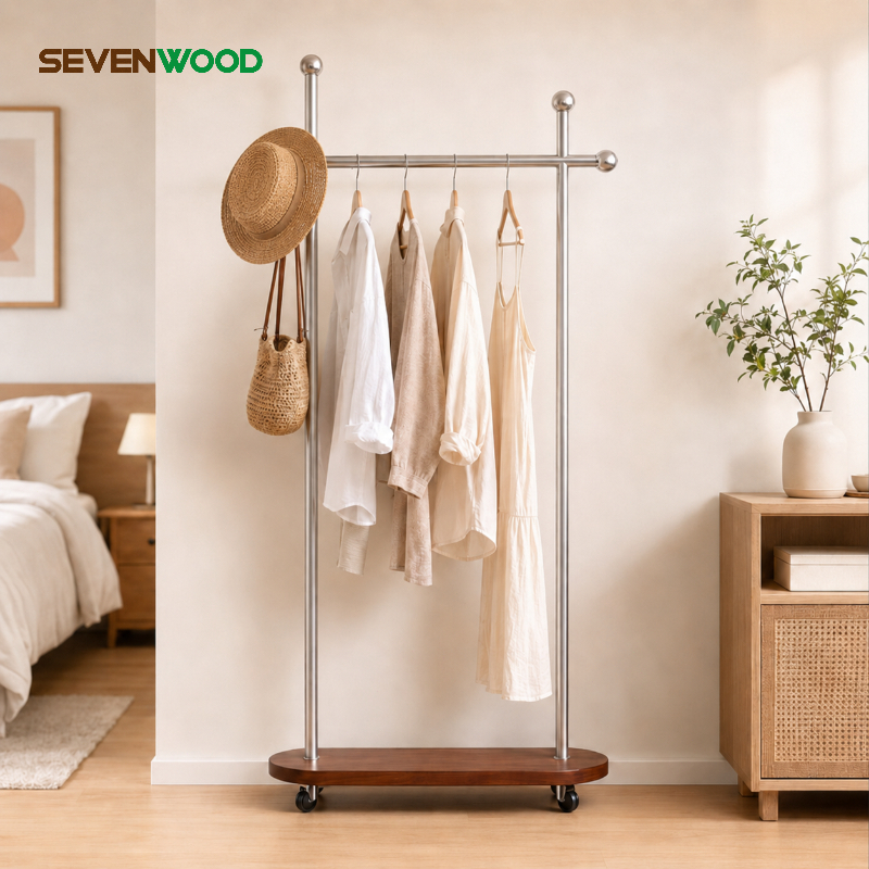 SEVENWOOD ราวตากผ้า ราวแขวนเสื้อผ้า โลหะ ฐานลายไม้ มีล้อเลื่อน แขวนเสื้อผ้า กระเป๋า หมวก เคลื่อนย้ายง่าย สำหรับห้องนอน