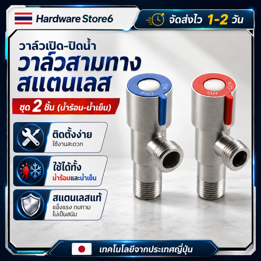 Hardware Store6 จัดส่งภายใน 24 ชม. วาล์วเปิดปิดน้ำสแตนเลส ชุด2ชิ้น สำหรับน้ำร้อนเย็น ใช้กับฝักบัว ก๊อกน้ำ ชักโครก ทนคุ้ม