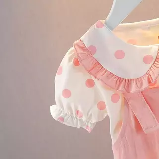 🎀 ชุดเดรสเด็กผู้หญิงลายจุด พร้อมเสื้อคอบัว แต่งหมีน่ารัก สไตล์เจ้าหญิง ใส่สบาย น่ารักสดใส 0-2ปี