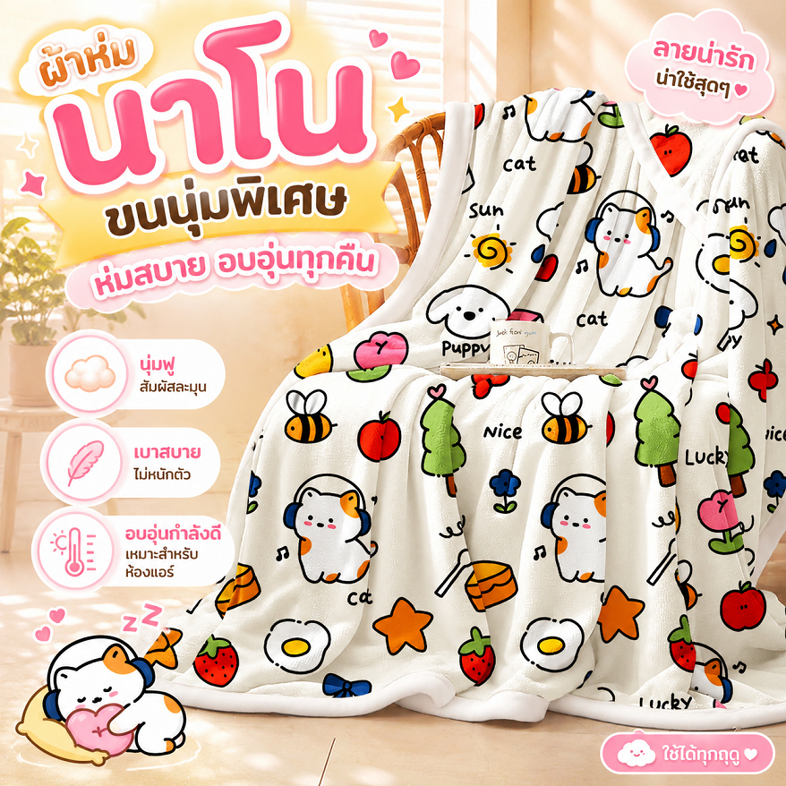 ผ้าห่มนาโนลายน่ารัก นุ่มฟู เบาสบาย ห่มอุ่น หลับสบาย ใช้ได้ทุกฤดู ผ้าห่มปรับอากาศ ⭐