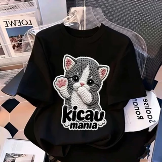 เสื้อยืดแขนสั้นสีขาวนวล แมวสามสีน่ารัก Kicau Mania สไตล์เกาหลี ฤดูร้อน Oversize เสื้อยืดผู้หญิง​ 6.23