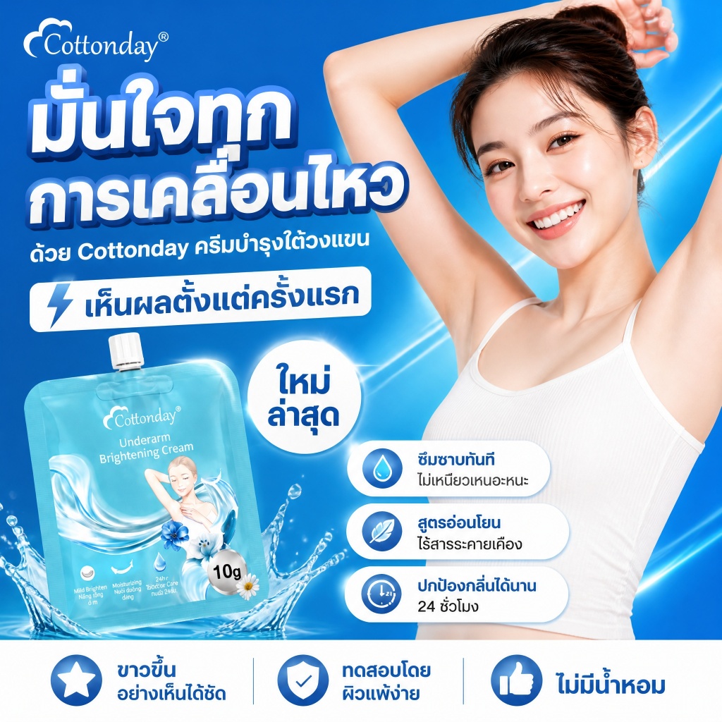 Cottonday ครีมทาผิวขาว Body Whitening Cream คุมเหงื่อ ดับกลิ่นกาย 24 ชม. แก้ผิวคล้ำ ขาหนีบ ดำตรงไหนทาตรงนั้น ชะลอขนขึ้นใ