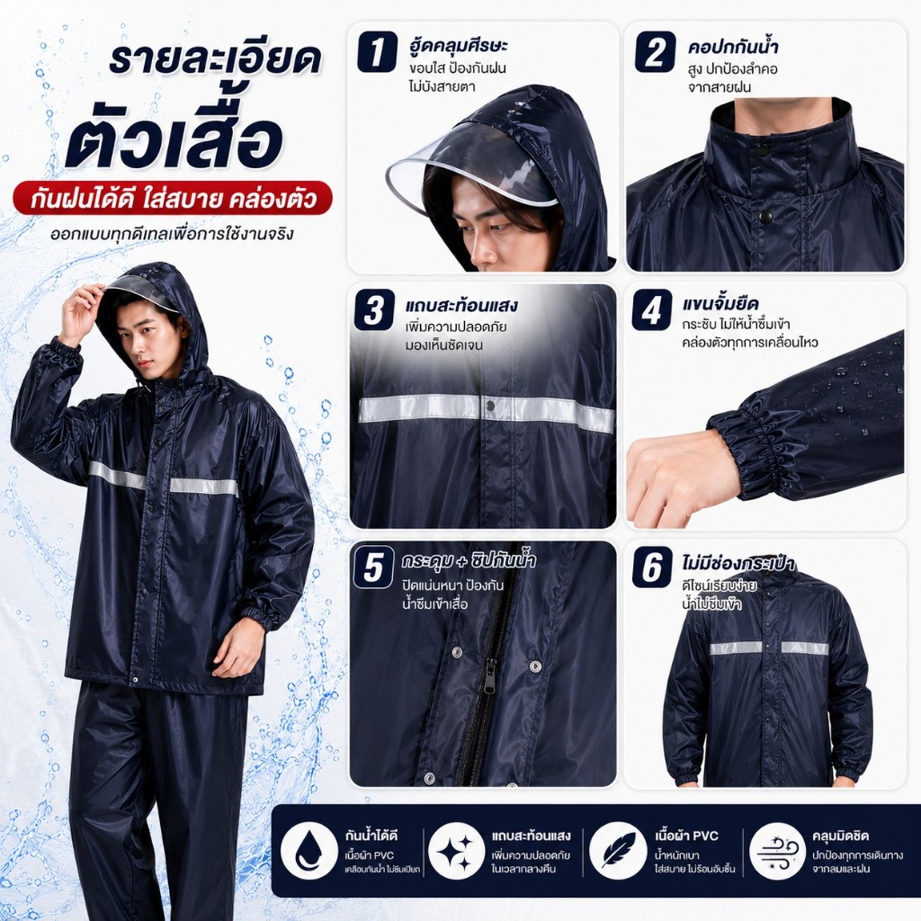 At.Houseone ชุดกันฝน เสื้อ+กางเกง กันน้ำ 100% เนื้อผ้า รูปที่ 4