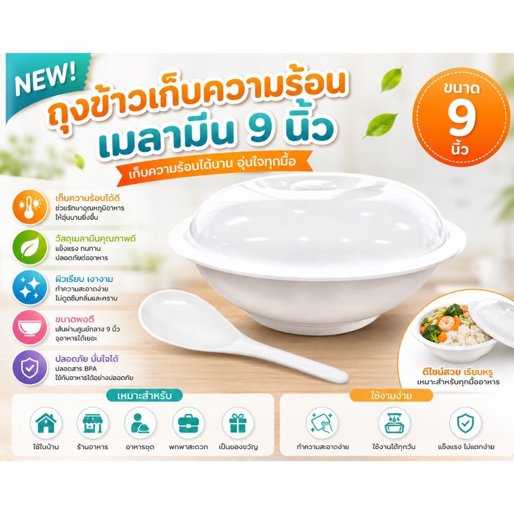 BL901-9 โถข้าวเก็บความร้อนพร้อมฝา 9 นิ้ว สีขาว โถข้าวเมลามีน ( พร้อมส่ง )
