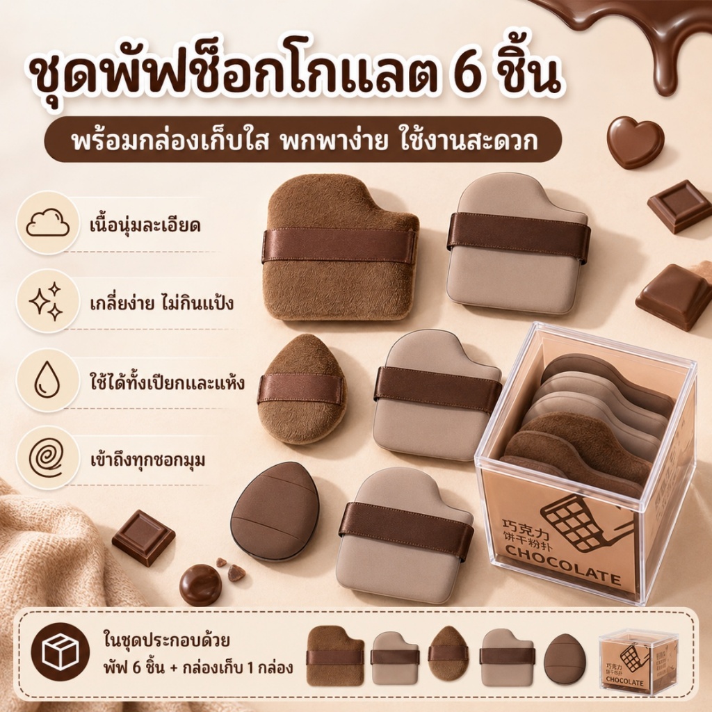 SHIMANG ชุดพัฟคุกกี้ช็อกโกแลต 6 ชิ้น พัฟกำมะหยี่ พัฟขนาดมินิ ไม่กินแป้ง นุ่มพิเศษ ใช้ได้ทั้งแห้งและเปียก สำหรับลงรองพ