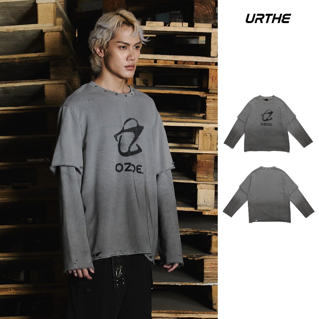 URTHE - เสื้อยืดเเขนยาว เสื้อสเวตเชิ้ต Oversize รุ่น GRUNGE DOUBLE SLEEVE SWEATSHIRT - Col. OZDE UNTITLED