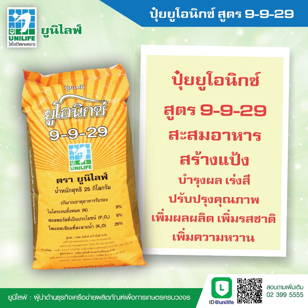 ปุ๋ยยูโอนิกซ์ ศุตร 9-9-29 สะสมอาหาร สร้างแป้ง บำรุงผล เร่งสี เพิ่มความหวาน