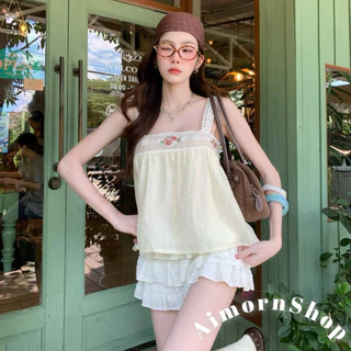 🔥aimorn_shop🔥เสื้อสายเดี่ยวสายแต่งลูกไม้ เดินขอบช่วงอกปักดอกไม้สวยๆ งานผ้าพริ้ว ใส่สบาย