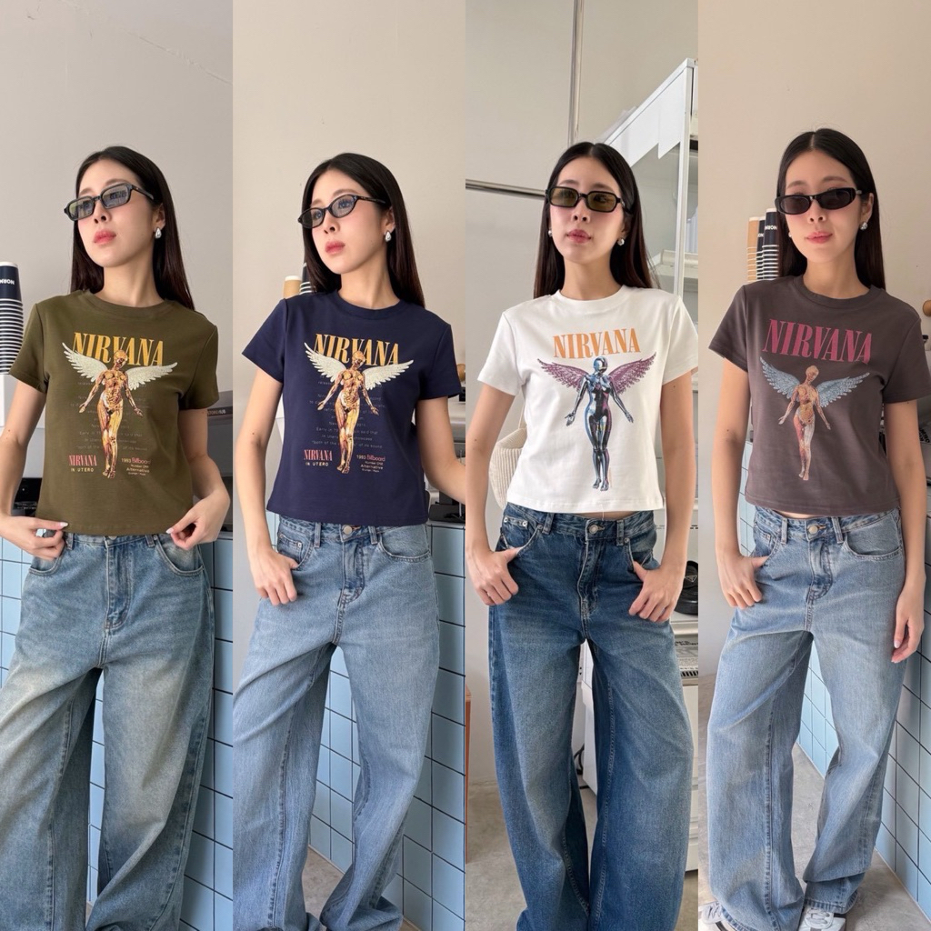 Nirvana baby tee เสื้อยืดคอกลมแขนสั้นทรงเบบี้ที แบรนด์ดัง ผ้ายืดหยุ่น ทรงสวย