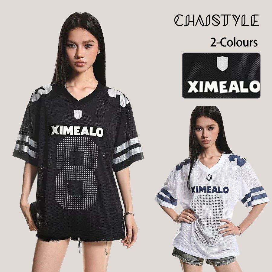 Chaistyle แบบอเมริกัน เสื้อกีฬา ตาข่ายเย็บ หลวมสบาย ระบายอากาศได้ดี สตรีทแฟชั่น การออกแบบหมุดพิมพ์ดิจิตอล คอวี แมทช์ง่าย