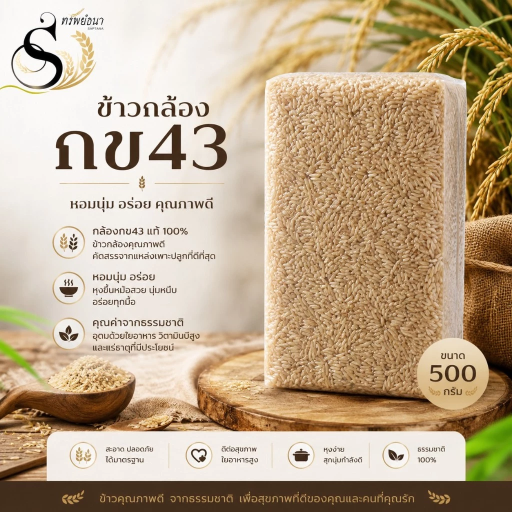 ข้าวกล้องกข43 ขนาดทดลอง 500 กรัม ตราทรัพย์ธนา หอม นุ่ม อร่อย ได้ประโยชน์เต็มเมล็ด