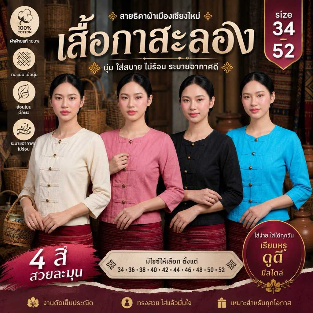 เสื้อกาสะลอง เนื้อผ้าฝ้าย แขนสามส่วน ไม่อัดกาว มี6สีให้เลือก